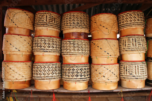 Photos wicker rice baskets in a village in laos