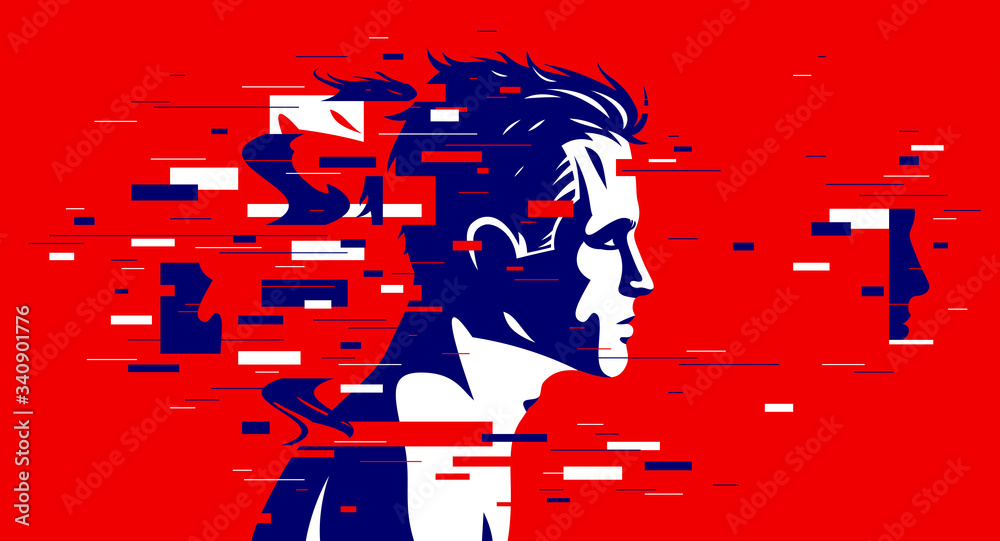 Man profile with glitch dynamic particles in motion vector illustration, mindfulness philosophical and psychological theme, neural network, technology or psychology concept. - obrazy, fototapety, plakaty 