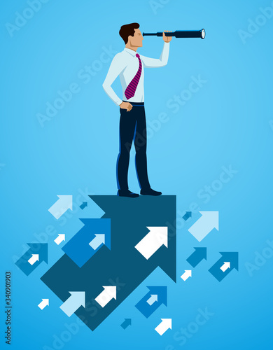Businessman looking for opportunities in spyglass, business concept vector illustration, successful young handsome business man searches new perspectives.