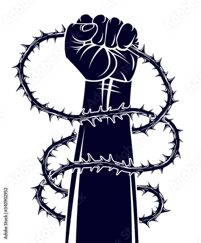 Strong hand clenched fist fighting for freedom against blackthorn thorn slavery theme illustration, vector logo or tattoo, through the thorns to the stars concept.