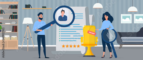 Vacant place. The guy under the magnifying glass reviews the resume. Girl shows on a vacant place. The concept of finding people for work. Vector