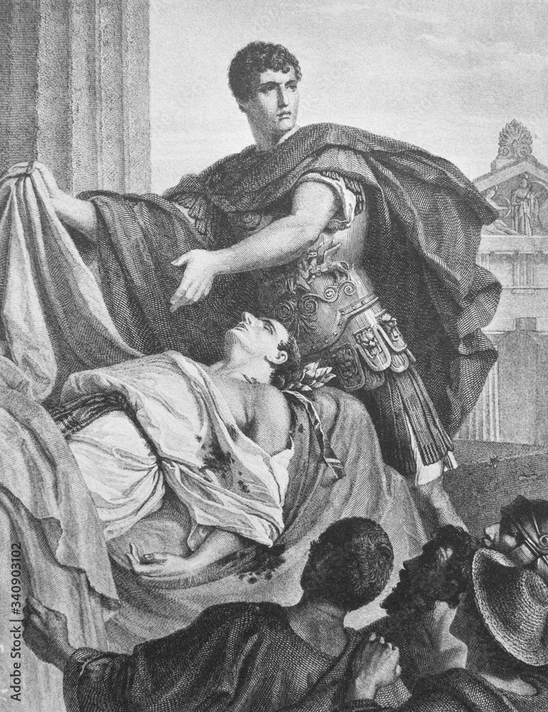 Fototapeta premium An illustration of Brutus and the death of Caesar in the old book Shakespeare, by N. Kozhevnikov, 1894, Moscow