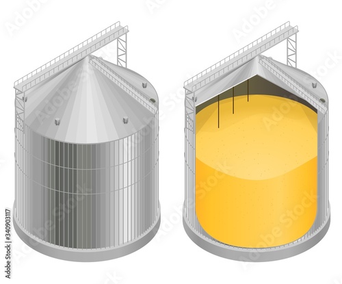 Vector illustration of a silo with grain in a section, a diagram of the elevator device, a granary. Isometry