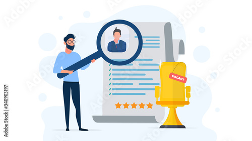 A guy examines a resume under a magnifying glass. Vacant place. The concept of finding workers and open vacancies. Isolated. vector.