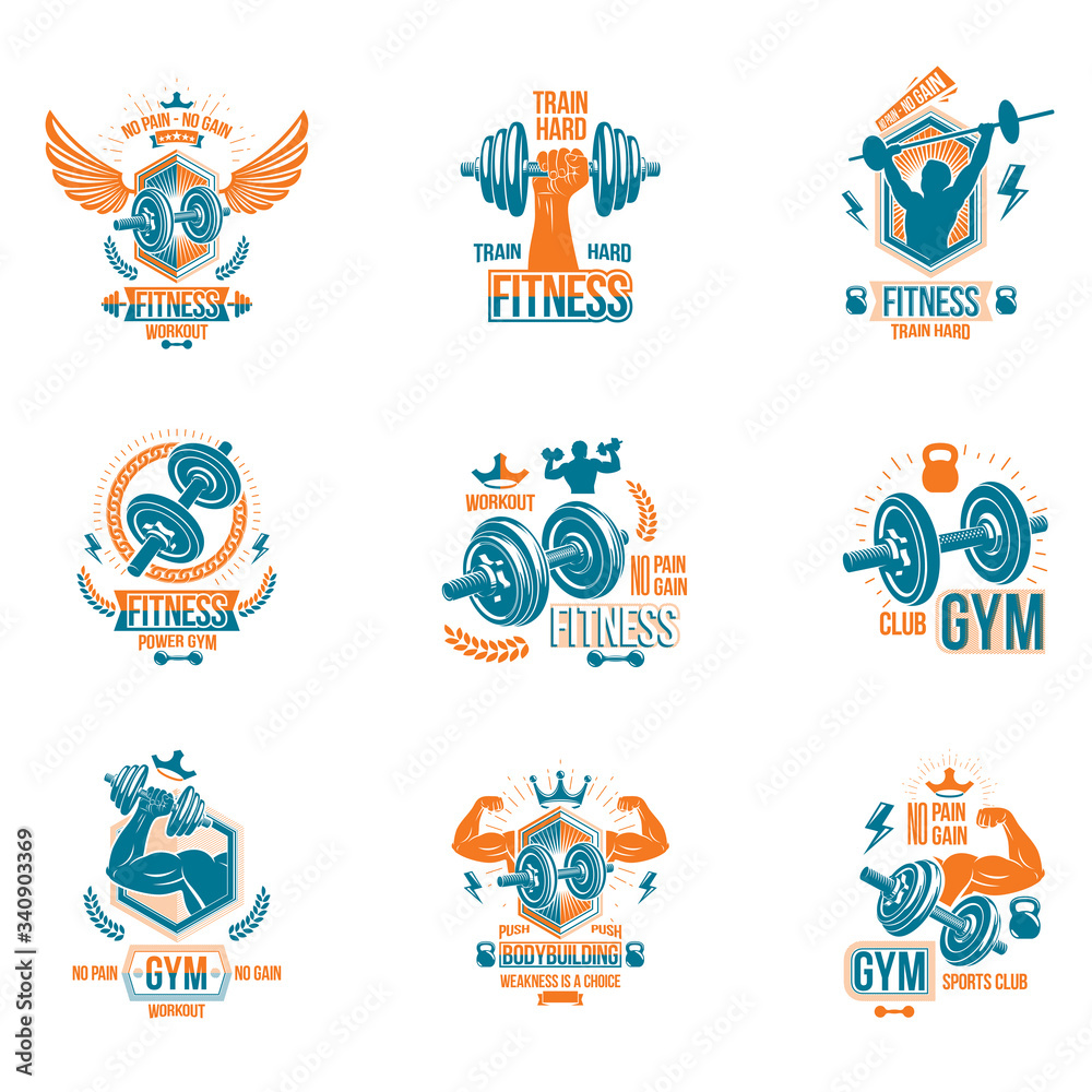 Set of vector gym theme emblems and motivational banners composed with dumbbells, barbells, kettle bells sport equipment and bodybuilder body shapes.