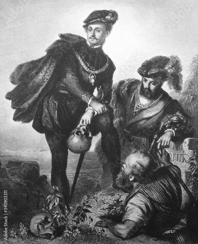 An illustration of Hamlet with a skull in the old book Shakespeare, by N. Kozhevnikov, 1894, Moscow