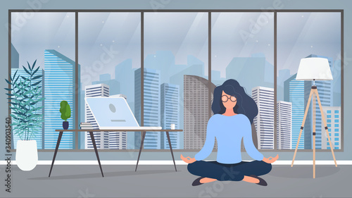 The girl is meditating in the office. The girl practices yoga. Room, office, floor lamp, room growth, table with laptop, workplace. Vector illustration