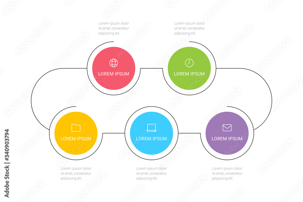 Business process. Timeline infographics with 5 options, circles. Vector illustration. Business process. Timeline infographics with 5 options, circles. Vector illustration.