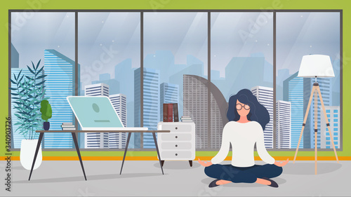 The girl is meditating in the office. The girl practices yoga. Room, office, floor lamp, room growth, table with laptop, workplace. Vector illustration