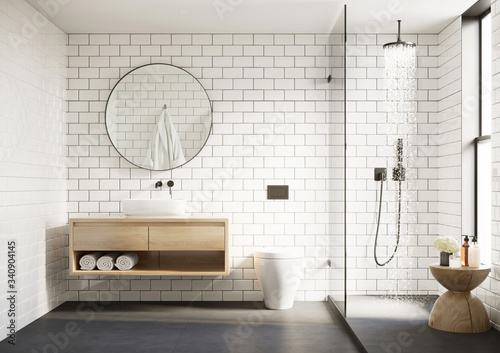 Photo 3d modern Scandinavian bathroom with white tiles round mirror and shower
