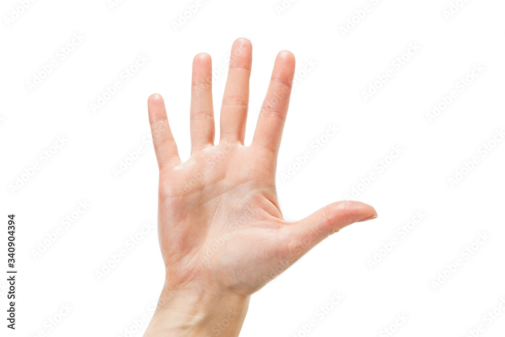 Top view: female hand with clean healthy skin on a white isolated background showing gestures Top view: female hand with clean healthy skin on a white isolated background showing gestures