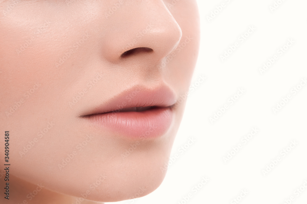 Closeup perfect natural lip makeup. Beautiful plump full lips on female face. Spa tender lips. Blank Space - obrazy, fototapety, plakaty 