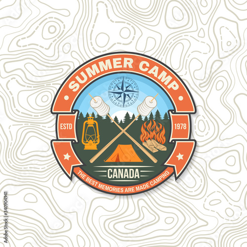 Summer camp. Happiness is toasted marshmallows. Vector. Vintage typography design with camping tent, campfire, marshmallow on a stick silhouette. Concept for shirt or print, stamp or tee