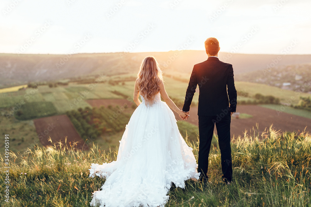 Wedding. Bride and groom holding hands standing on the hillside and looking at the sunset.