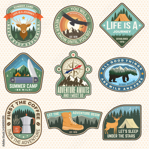 Outdoor adventure patch with quotes. Vector. Concept for shirt, logo, print, stamp or tee. Vintage typography design with hiking boots, elk, bear, tent, forest and mountain landscape silhouette