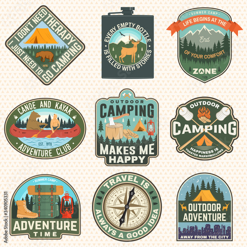 Outdoor adventure patch with quotes. Vector. Concept for shirt , logo, print, stamp or tee. Vintage typography design with backpack , elk, bear, tent, forest and mountain landscape silhouette
