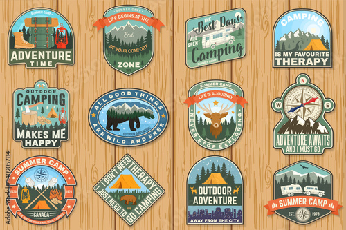 Outdoor adventure patch with quotes. Vector. Concept for shirt, logo, print, stamp or tee. Vintage typography design with hiking boots, elk, bear, tent, forest and mountain landscape silhouette