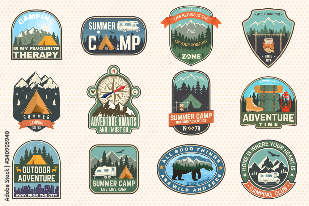 Outdoor adventure patch with quotes. Vector. Concept for shirt, logo, print, stamp or tee. Vintage typography design with hiking boots, elk, bear, tent, forest and mountain landscape silhouette