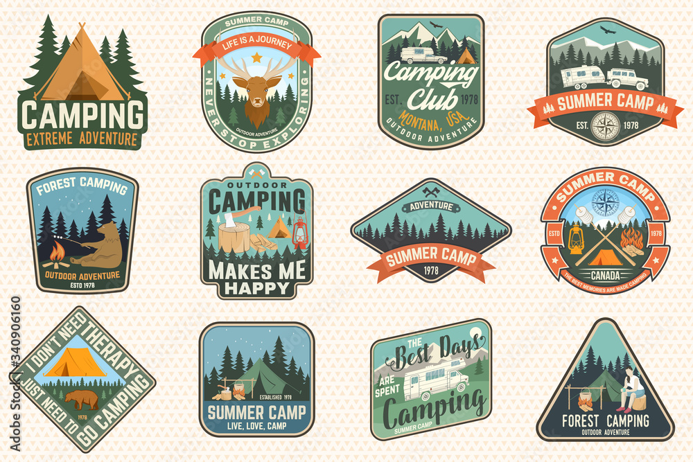 Outdoor adventure patch with quotes. Vector. Concept for shirt, logo, print, stamp or tee. Vintage typography design with camping tent, elk, bear, forest and mountain landscape silhouette