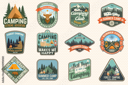 Outdoor adventure patch with quotes. Vector. Concept for shirt, logo, print, stamp or tee. Vintage typography design with camping tent, elk, bear, forest and mountain landscape silhouette