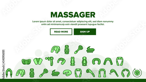 Shoulder Massager Landing Web Page Header Banner Template Vector. Body And Foot Massager Equipment For Relaxation, Electric Wearable Pulse Neck Device Illustrations