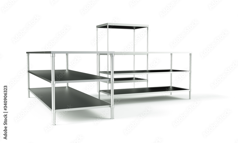 3d rendering of empty metal rack shelves isolated on white background. Industrial warehouses. Packaging and storage. Digital art. 3d rendering of empty metal rack shelves isolated on white background. Industrial warehouses. Packaging and storage. Digital art.