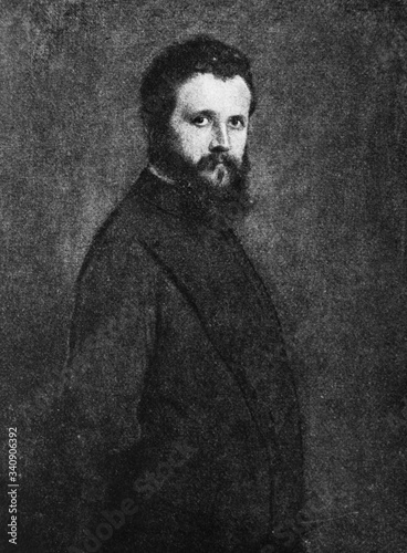 The Adolf Oberländer's portrait, a German caricaturist, illustrator, cartoonist and early comics artist in the old book the History of Painting, by R. Muter, 1887, St. Petersburg