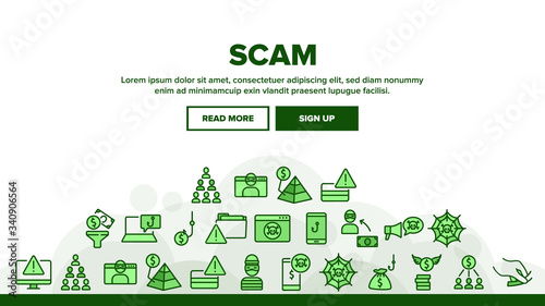 Fototapeta Naklejka Na Ścianę i Meble -  Scam Finance Criminal Landing Web Page Header Banner Template Vector. Internet And Mobile Phone Scam, Computer Screen And Folder, Dollar Banknote And Coin Illustrations