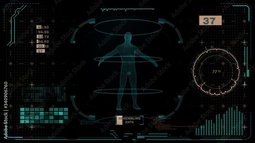 Human body turntable scan on Holographic screen virtual hud elements, Futuristic User Interface