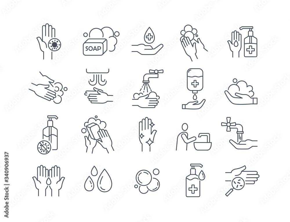 Large set of twenty black and white line drawn washing and hygiene icons showing hand washing, sanitizers and soaps, vector illustration