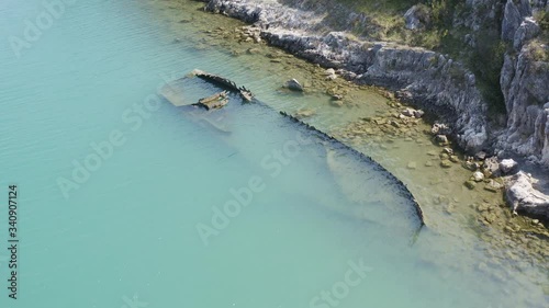 an aerial view of the sinking German ship Fritz from World War II in the bay of Salamustica in the Rasa bay, Istria, Croatia photo