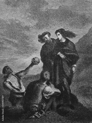 Canvas Print The Hamlet and the Gravediggers by Eugène Delacroix, a French painter in the old book the History of Painting, by R