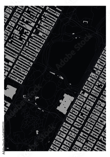 Central Park in Manhattan, New York City, United States A4 black-and-white minimalist graphic poster with building footprints and footpaths around Upper West and Upper East side, the Met Museum of Art
