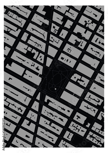 Madison Square Park in Manhattan, New York City, United States A4 black-and-white minimalist graphic poster with building footprints and footpaths around Broadway