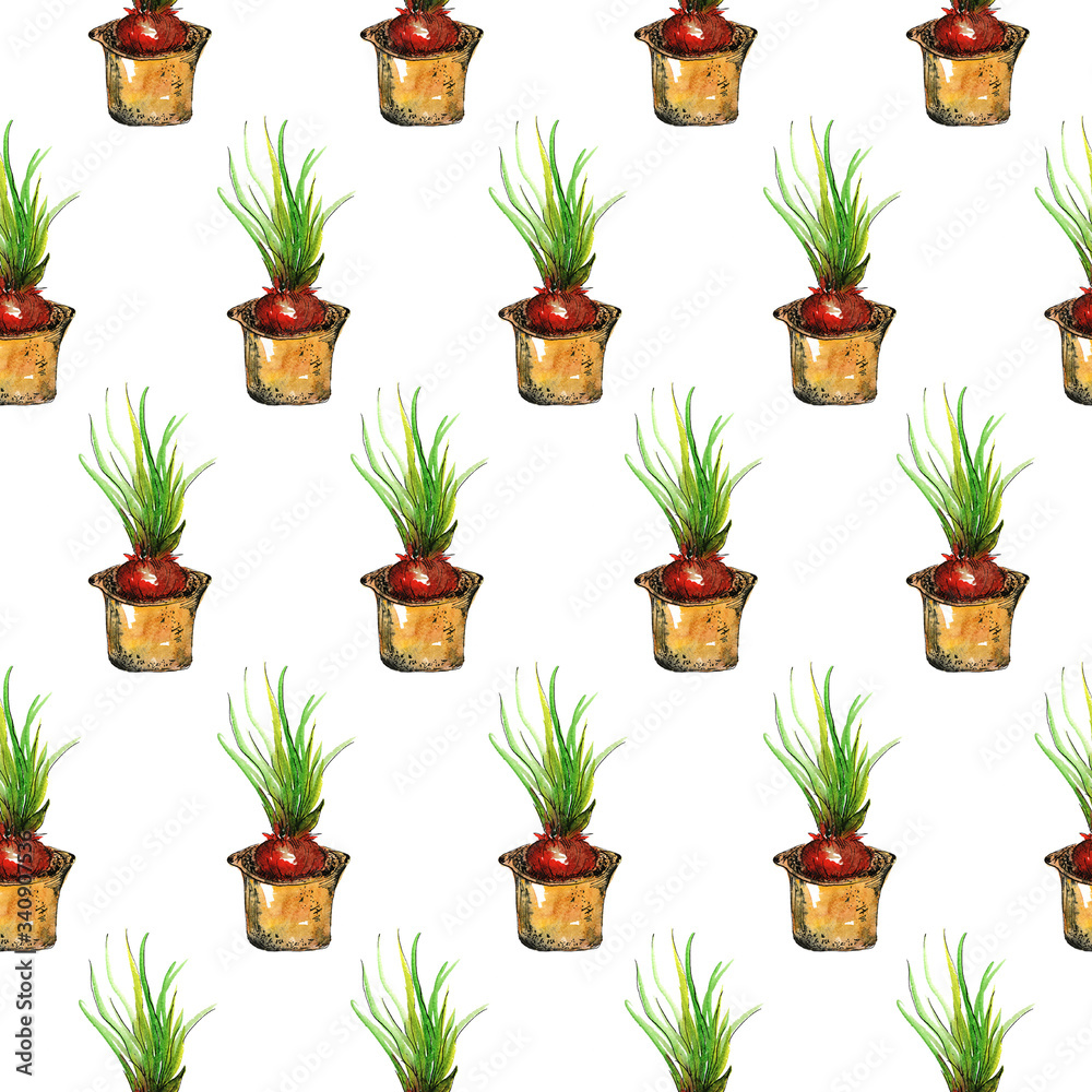 Fototapeta premium Onions in a pot seamless pattern. watercolor illustration