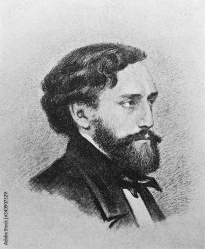 The Alfred Rethel's portrait, a German history painter in the old book the History of Painting, by R. Muter, 1887, St. Petersburg