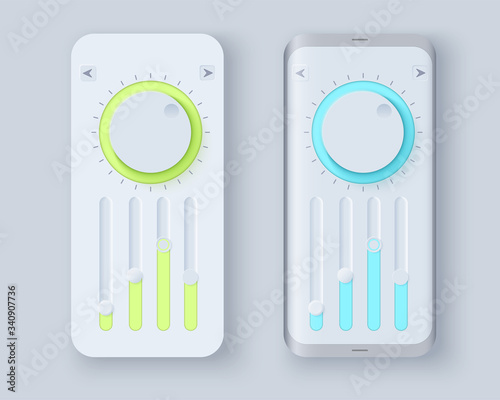 Neumorph UI kit on sample smartphone screen. Volume Knob with slider bar and switches. Light color set. Skeuomorph Trend Design. Workflow UX smart technology applications. Vector illustration.