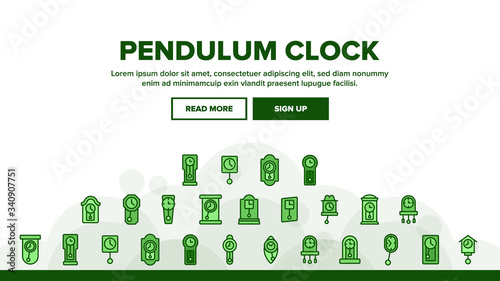 Pendulum Clock Device Landing Web Page Header Banner Template Vector. Vintage And Modern Pendulum Watch With Circle And Square Dial, Timer Illustrations