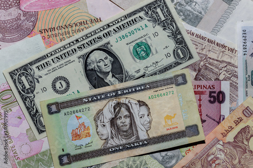 One  US Dollar with Different Eritrean nakfa Banknotes photo