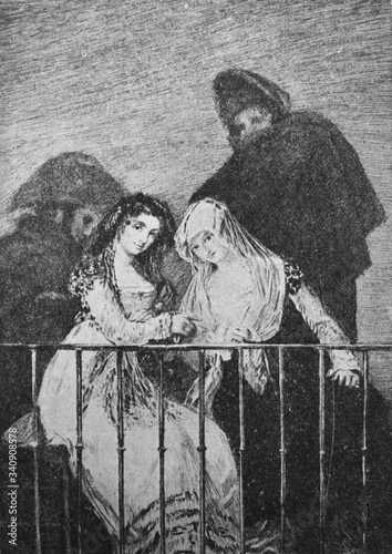 The wavings on the balcony by Francisco Goya, a Spanish romantic painter and printmaker in the old book the History of Painting, by R. Muter, 1887, St. Petersburg