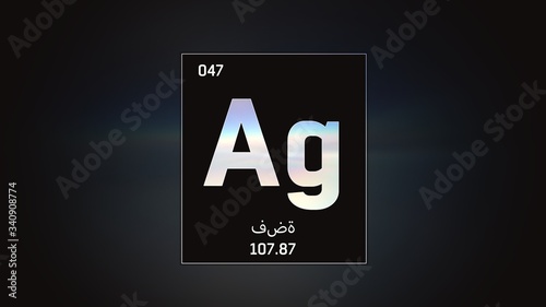3D illustration of Silver as Element 47 of the Periodic Table. Grey illuminated atom design background orbiting electrons name, atomic weight element number in Arabic language