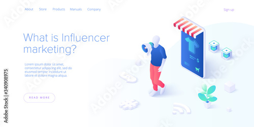 Online influencer marketing concept in flat vector illustration. Young blogger advertising goods via internet social media. Website or blog ad influence on potential buyers. Web banner layout template