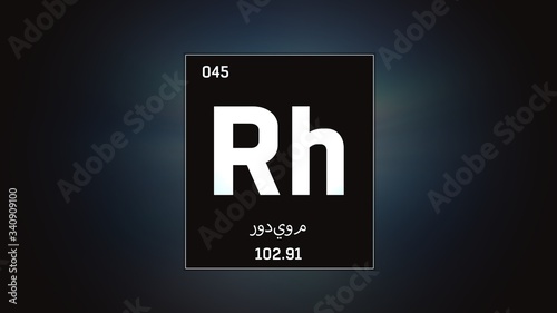 3D illustration of Rhodium as Element 45 of the Periodic Table. Grey illuminated atom design background orbiting electrons name, atomic weight element number in Arabic language photo