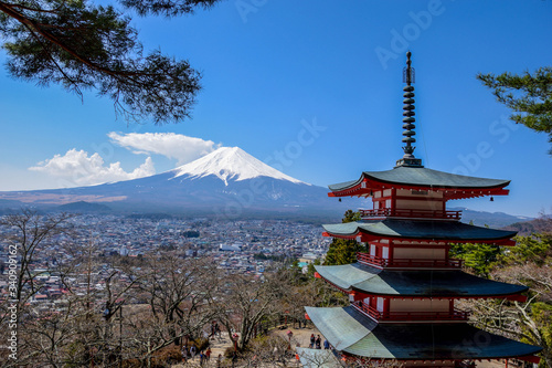 Stunning view on the snowy mount Fuji with pagoda in Japan