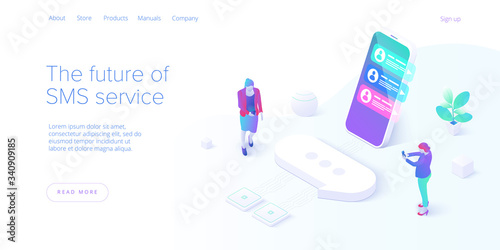 SMS or Messaging service concept in isometric vector illustration. Electronic messenger app for smartphone. Webmail or mobile application layout for website landing header.