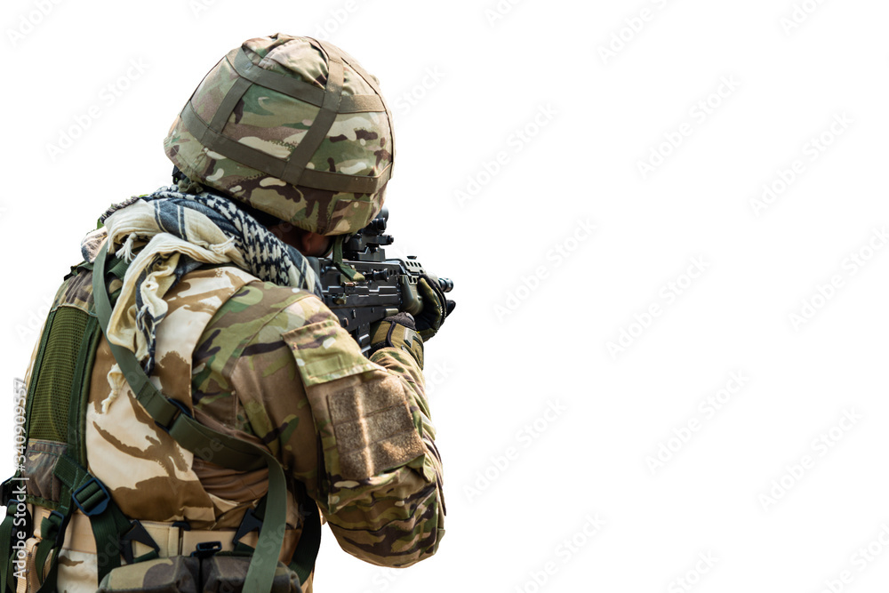 Special Forces soldier in combat uniforms aiming gun rifle to attack enemy, Concept war, army, weapon, technology protection country with isolated on white Special Forces soldier in combat uniforms aiming gun rifle to attack enemy, Concept war, army, weapon, technology protection country with isolated on white