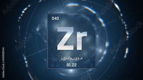 3D illustration of Zirconium as Element 40 of the Periodic Table. Blue illuminated atom design background orbiting electrons name, atomic weight element number in Arabic language