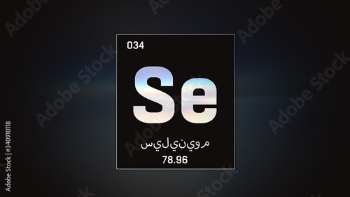 3D illustration of Selenium as Element 34 of the Periodic Table. Grey illuminated atom design background orbiting electrons name, atomic weight element number in Arabic language