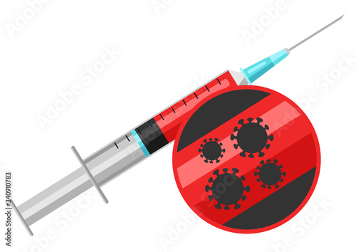 Illustration of medical syringe with blood. Coronavirus molecules Covid-19.