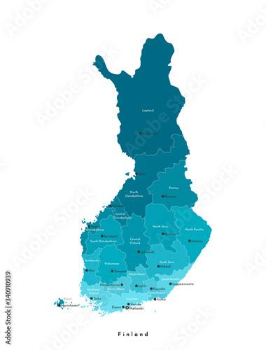 Vector isolated illustration. Simplified administrative map of Finland. Names of big finnish cities and regions. Blue colors. White background.